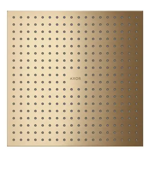 Kopfbrause mit gleichmäßigen Wasserlöchern in gebürstetem Bronze-Finish, mit AXOR-Logo in der Mitte, quadratischer Form und glatter Oberfläche.